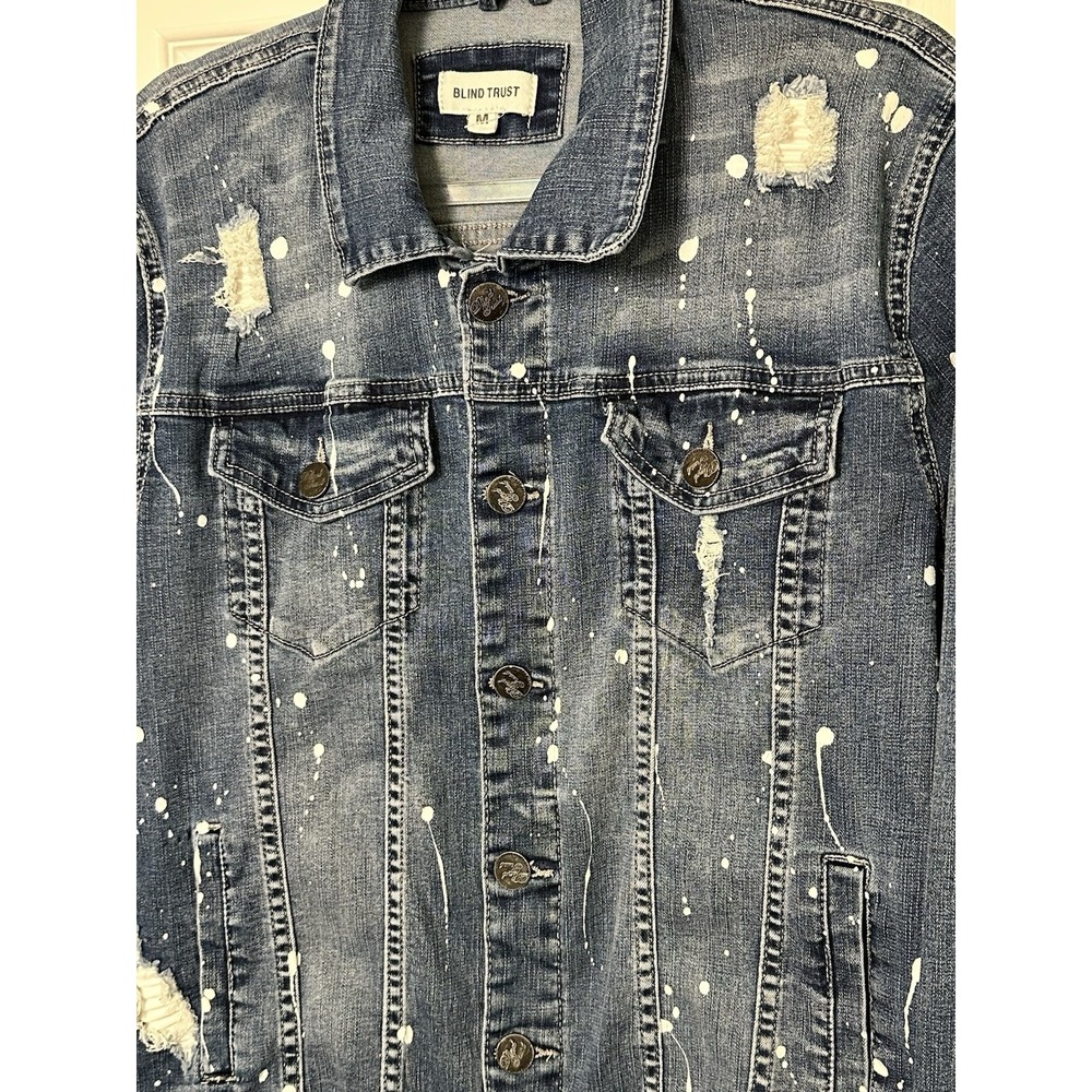 Blind Trust Denim Jean Jacket Distressed Splatter Paint Women's Size Medium Blue - Picture 2 of 12